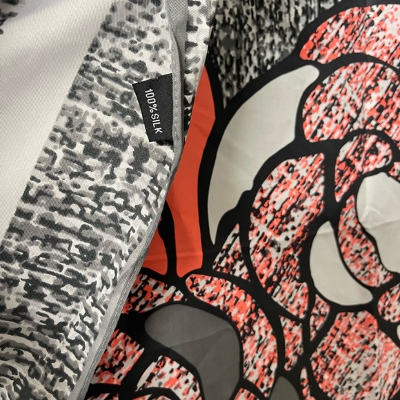 100%Silk Oversized Black Denim-Like Pattern w/ Flower Scarf -Black,Grays &Salmon - Picture 1 of 3
